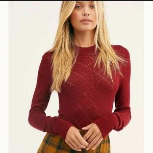 Free People What's the Pointelle long sleeve knit bodysuit in Burgundy/red